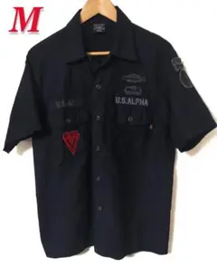 アルファ♦️パッチドミリタリーシャツ半袖♦️黒M♦美品♦送料込♦ALPHA