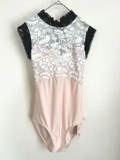 バレエレオタード　ブラックレース＆ピンク　M　ブラポケット有　ハイネック