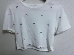 リボン刺繍 ホワイト 半袖Tシャツ