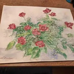 バラの花束 水彩画 作家サインあり