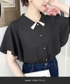 シフォンジョーゼットフレアスリーブ配色ダブルカラー半袖ブラウス