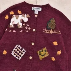 90s風景柄 刺繍 デザイン コットンラミー ニット カーディガン アメリカ古着