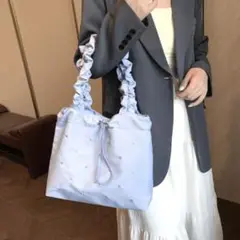 【青】ビジュー フリルショルダー フリルトートバッグ くしゅくしゅハンドル