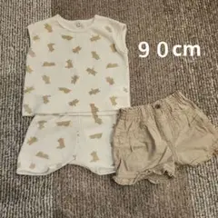 くまさん薄手ワッフル生地セットアップ　ショートパンツ　3点セット　90cm