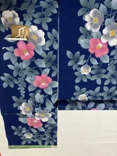 トールサイズ　椿　浴衣　反物　三勝染　注染　綿コーマ 藍色　青紺　巾広　長尺