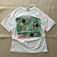 90s アートtee 白 ホワイト L 袖裾シングル ヴィンテージ プリント