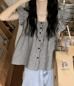 HALEY PESCA スクエアネックチェックフリルブラウス LARGEブラック