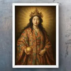 幸運の金の玉を持つ天照大御神　額縁付き　開運グラフィック