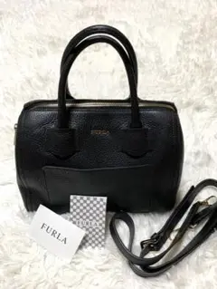 極美品 FURLA アルバ サッチェル レザーバッグ ブラック