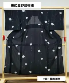 E9 美品 笹に夏野菜模様 黒色 正絹 薄物 夏用 絽 紗 小紋 着物 05