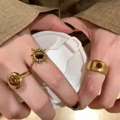 【売れてます】太陽モチーフ タイガーズアイ リング 3点セット フリーサイズ