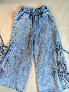 デニムワイドパンツ サイドカット リボン編み