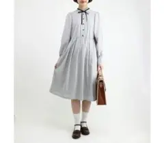 美品♡ フィント リボンタイ付きストライプシャツワンピース