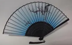 花柄 扇子 タッセル付き 青