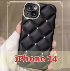 ☆iPhone14キルティングスマホケース ラインストーン☆ 新品 ブラック黒