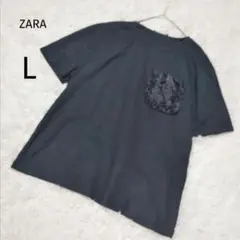 ザラ ZARA Tシャツ 半袖 ブラック シンプル レース ポケット【L】