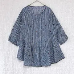 2706 コットンシャツ　チュニック　ストライプ　涼しげ　ロング　ティアード風