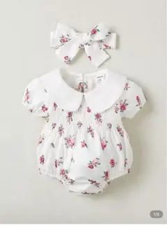 美品　花柄ロンパース　70 女の子　半袖Tシャツ　丸襟付き　夏
