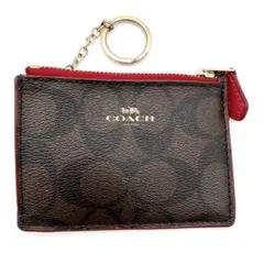 【美品】COACHシグネチャー コインケース F16107 ブラウン/レッド