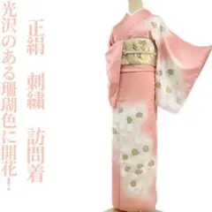 正絹 刺繍“光沢のある珊瑚色にいつも以上の開花!”訪問着 着物 C-96