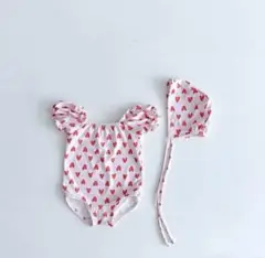ピンクハート柄水着と帽子セット