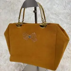 【美品】濱野皮革工芸 ハンドバッグ エクセーヌ ラインストーン マスタード