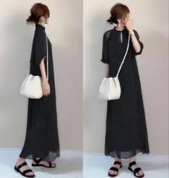 ドット　キレカジ　ロングワンピース　シアー　マキシ丈　ゆったり　着痩せ　総柄