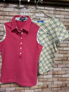 バーバリー2点セット ノースリーブ赤ポロシャツとチェック柄半袖Tシャツセット