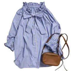 美品 シップス 24AW 完売 ネックギャザー七分袖ボウタイブラウス ブルー