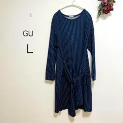 △2505【GU】ウエストリボンストライプワンピース(L)アレンジ可能