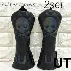 【UT】ゴルフヘッドカバー　ドクロ　スカル　黒　ユーティリティ　2点セット