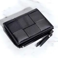 【新品】高級羊革 ２つ折り財布 イントレチャート 黒 小銭入れ 本革 ウォレット