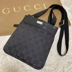 美品✨グッチ ショルダーバッグ サコッシュ GGキャンバス レザー ブラック