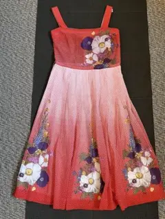 昭和レトロ 赤い水玉花柄ノースリーブワンピース S