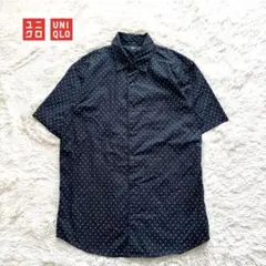 C2【ユニクロ】シャツ　半袖　ネイビー　ドット柄　レギュラーカラー　綿　M