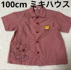 美品 100cm 女の子 男の子 半袖シャツ ミキハウス 赤 ギンガムチェック