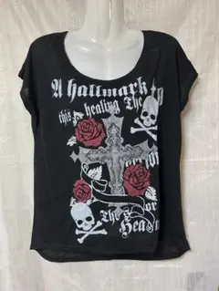 [新品]スカルとバラプリント 半袖Tシャツ