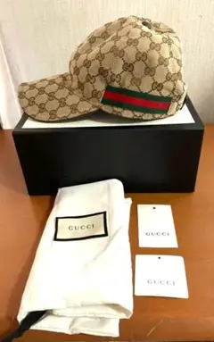 GUCCI GGキャンパスキャップ 帽子 総柄 シェリーライン ブラウン M