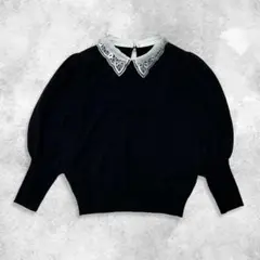 90’s vintage ニット プルオーバー 黒 レースカラー パフスリーブ