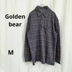 ゴールデンベア ▶ 長袖ポロシャツ M グレー チェック柄 ロゴ刺繍あり