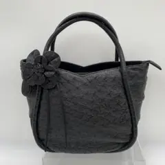 【美品】 オーストリッチ ブラック レザー ハンド バッグ 花