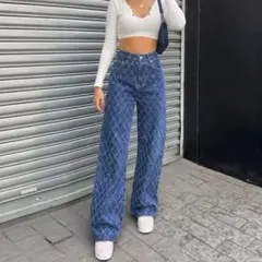 しまむら　ハイウエストｄｉａ柄　デニム