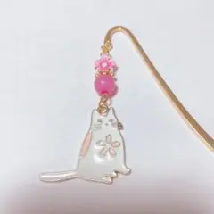 ハンドメイド ブックマーカー 栞 しおり «No.440» 猫 フラワー ピンク