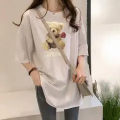 ホワイト Tシャツ クマ柄 バラ XL 男女兼用 オーバーサイズ 可愛い
