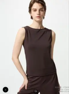 新品　UNIQLO クレープジャージーポートネックTノースリーブ　ブラウン　XL