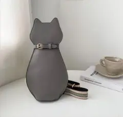 d22○レザー ねこ 猫 キャット ショルダーポーチ スマホ グレー 355