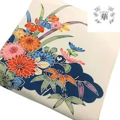 1330 華 名古屋帯 型染め 花 ちりめん ベージュ