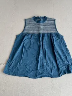 青色 刺繍 ノースリーブチュニック L