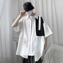 [新品未使用品] メンズ 切り替え柄 五部袖シャツ シンプル XL 白