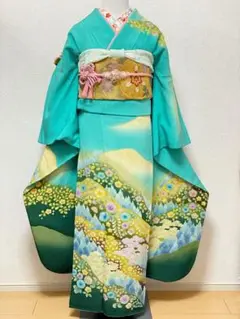 振袖セット 辻が花 青緑の縮緬地に花絞り 正絹ちりめん
